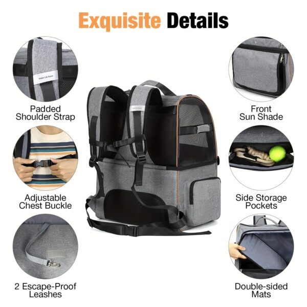 Lekereise Double Cat Backpack Carrier For 2 Cats, Double-Compartment Pet Carrier Backpack For Two Small Cats Or One Medium Dogs, Dog Carrier Backpack Fits Up To 24 Lbs, Grey - Image 7