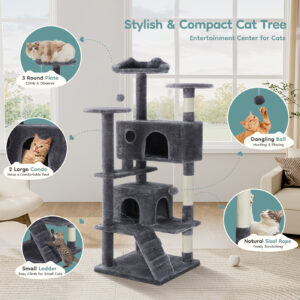 Tall Tower for Indoor Cats - 54-inch Multi-Level Cat Tree, Pet Kitty Play Fun House with Spacious Condo, Natural Sisal Scratching Post, Easy Climbing Ladder, and Dangling Toy for Kittens and Cats