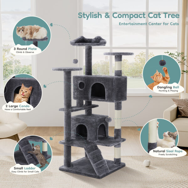Tall Tower for Indoor Cats - 54-inch Multi-Level Cat Tree, Pet Kitty Play Fun House with Spacious Condo, Natural Sisal Scratching Post, Easy Climbing Ladder, and Dangling Toy for Kittens and Cats