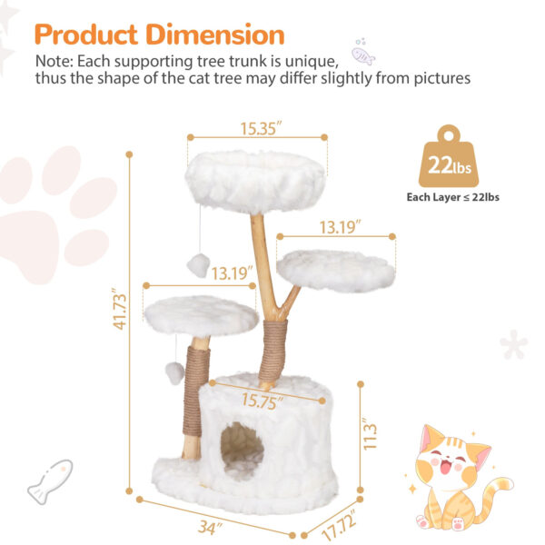 Modern Cat Tree Tower, Solid Wood Aesthetic Cat Tree for Indoor Cats with Top Cat Bed, Side Perch, Cat Condo, Scratching Posts, Cute Cloud Cat Tree for Large Cats, White - Image 6