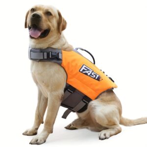 High-Visibility Orange Dog Life Jacket with Gray Accents - Durable Polyester, Adjustable Safety Swim Vest for All Dog Sizes with Easy-Wear Straps & Large "FAST" Print - Perfect for Summer Beach & Pool Activities, Beach Safety Gear|Adjustable Dog Jacket|Du