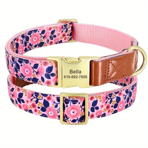 Customizable Floral Print Dog Collar, Durable Nylon Webbing with Padding, Personalized Golden Buckle, Accent for Small to Large Breeds - Image 6