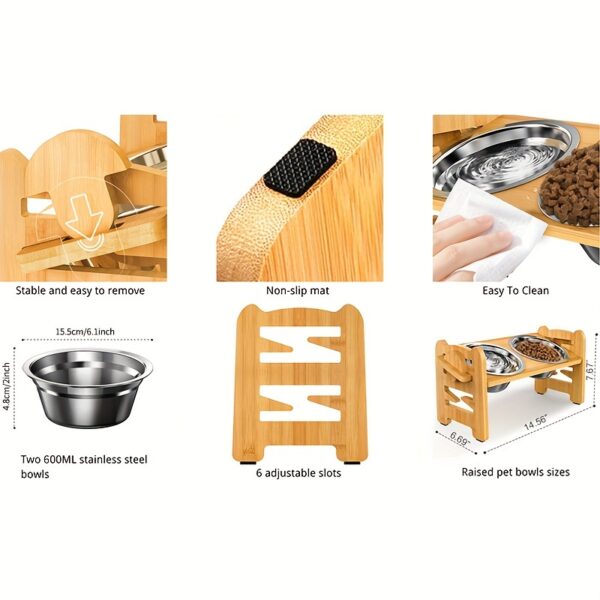 [2-Bowl Elevated Adjustable Dog Feeder] Elevated Adjustable Height Wooden Dog Feeder Stand with 2 Stainless Steel Bowls, Raised Dog Food And Water Bowls Stand for Neck Protection - Image 9