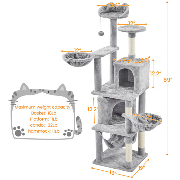 Costoffs 69inch Cat Tree, Multilevel Cat Towers W/ Double Cat Condo, Hammock, Basket, Double Plush Perches Sisal Rope Furry Ball for Cats Kittens - Image 3