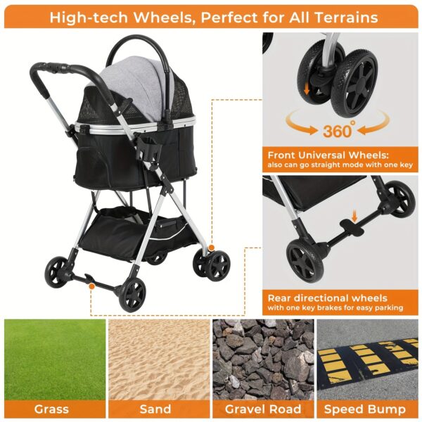 Dog Stroller 3-in-1 Foldable Gear For Small Medium Dogs, 4 Wheels Pet Stroller With Sturdy Metal Frame Storage Basket, Dog Carrier Trolley With Mesh Window One-Button Switch, Lightweight Travel System Christmas Halloween Pet Gift - Image 9