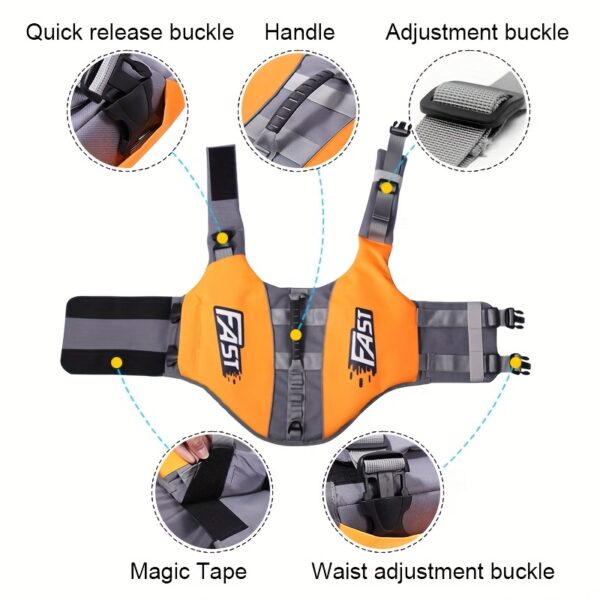 High-Visibility Orange Dog Life Jacket with Gray Accents - Durable Polyester, Adjustable Safety Swim Vest for All Dog Sizes with Easy-Wear Straps & Large "FAST" Print - Perfect for Summer Beach & Pool Activities, Beach Safety Gear|Adjustable Dog Jacket|Du - Image 6